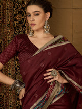 Womaniya Bhagalpuri Silk Saree – Understated Maroon Beauty with Beige Charm | Perfect for Weddings and Festive Occasions