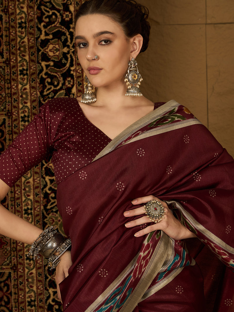 Womaniya Bhagalpuri Silk Saree – Understated Maroon Beauty with Beige Charm | Perfect for Weddings and Festive Occasions