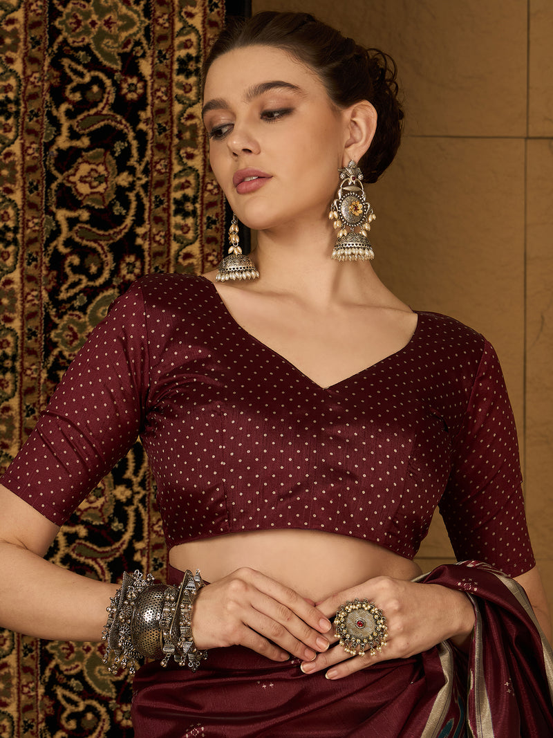 Womaniya Bhagalpuri Silk Saree – Understated Maroon Beauty with Beige Charm | Perfect for Weddings and Festive Occasions