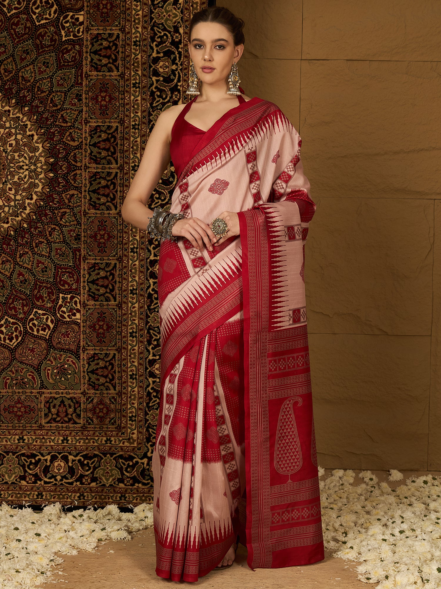 Womaniya Bhagalpuri Silk Saree – Vibrant Red and White | Festive Delight for Weddings, Celebrations, and Special Occasions