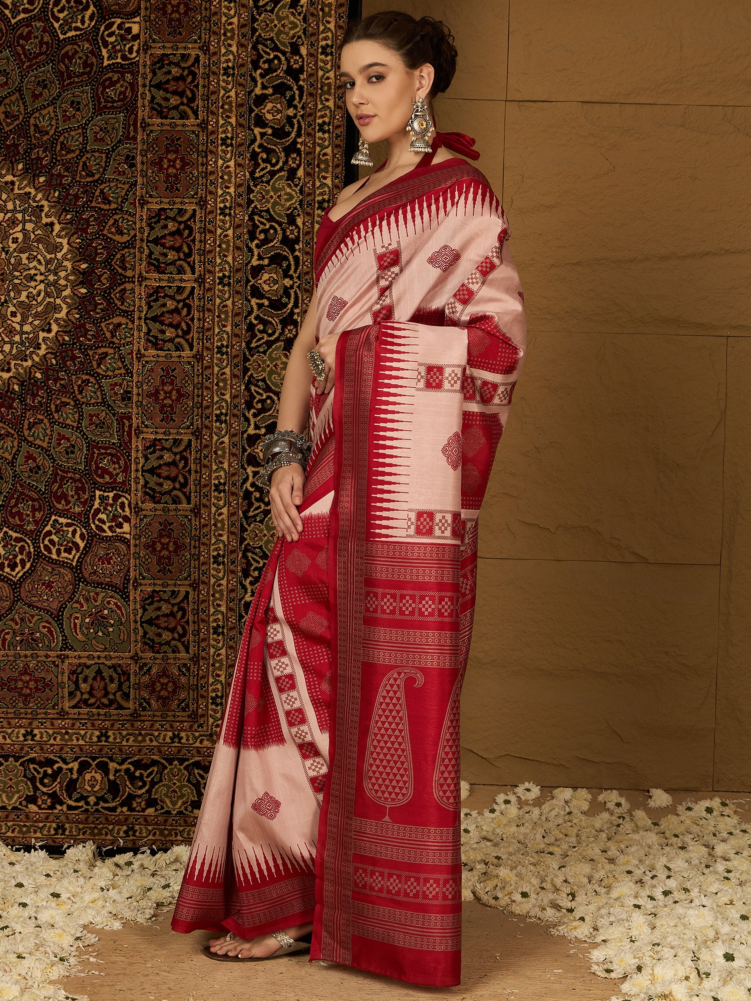 Womaniya Bhagalpuri Silk Saree – Vibrant Red and White | Festive Delight for Weddings, Celebrations, and Special Occasions
