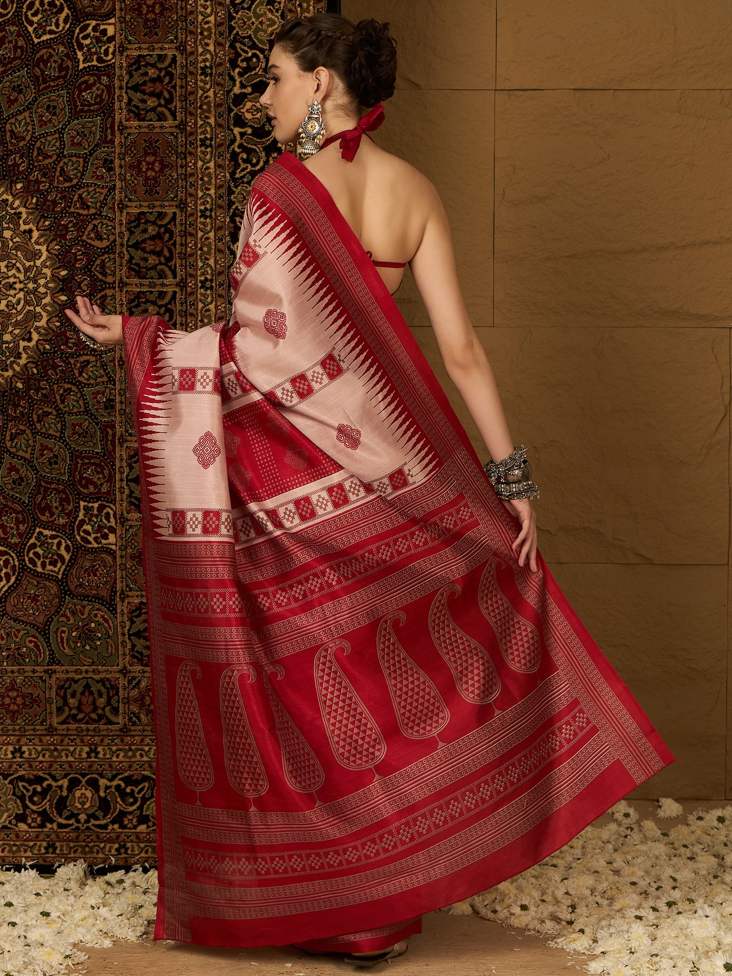 Womaniya Bhagalpuri Silk Saree – Vibrant Red and White | Festive Delight for Weddings, Celebrations, and Special Occasions