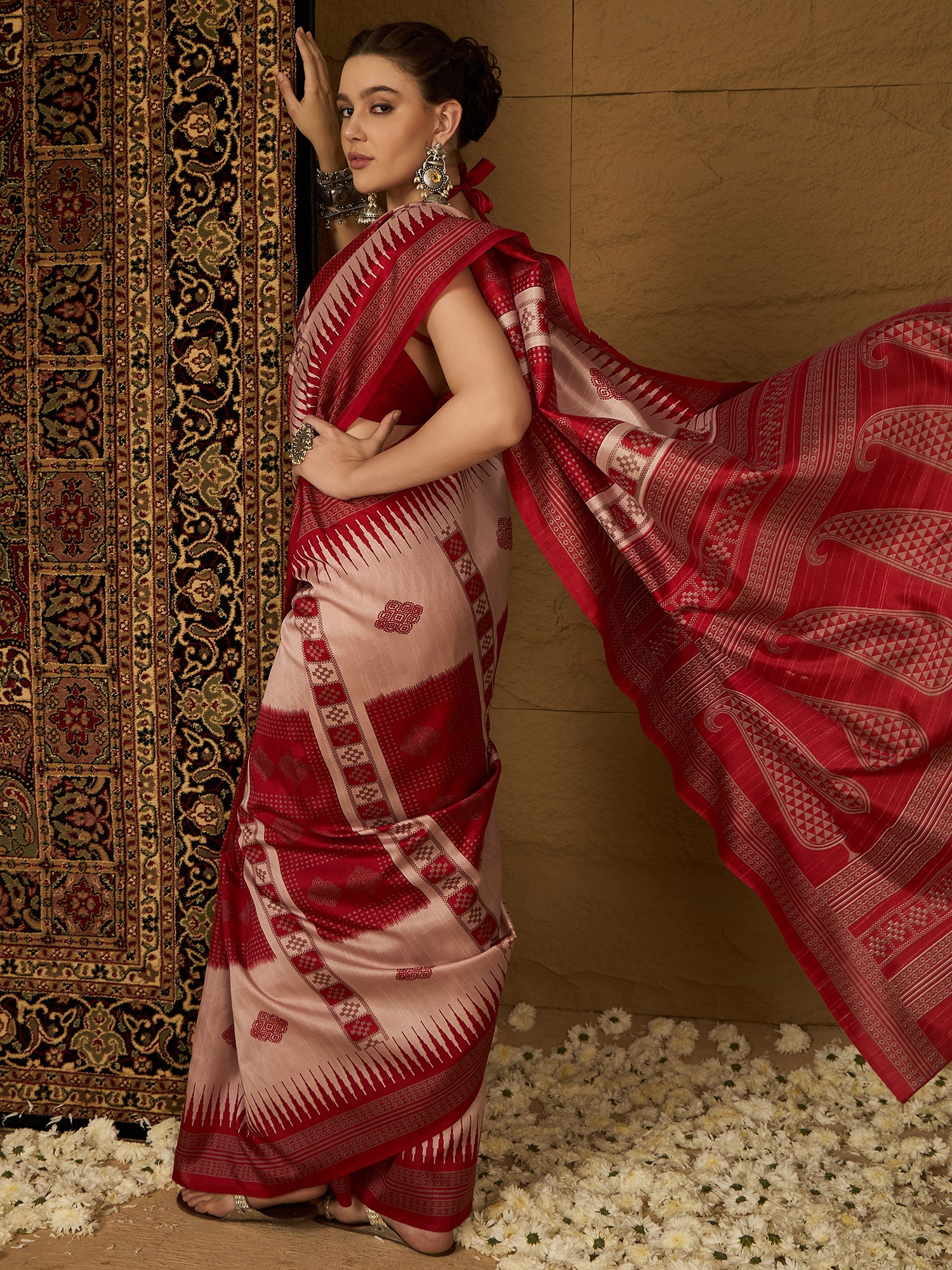 Womaniya Bhagalpuri Silk Saree – Vibrant Red and White | Festive Delight for Weddings, Celebrations, and Special Occasions