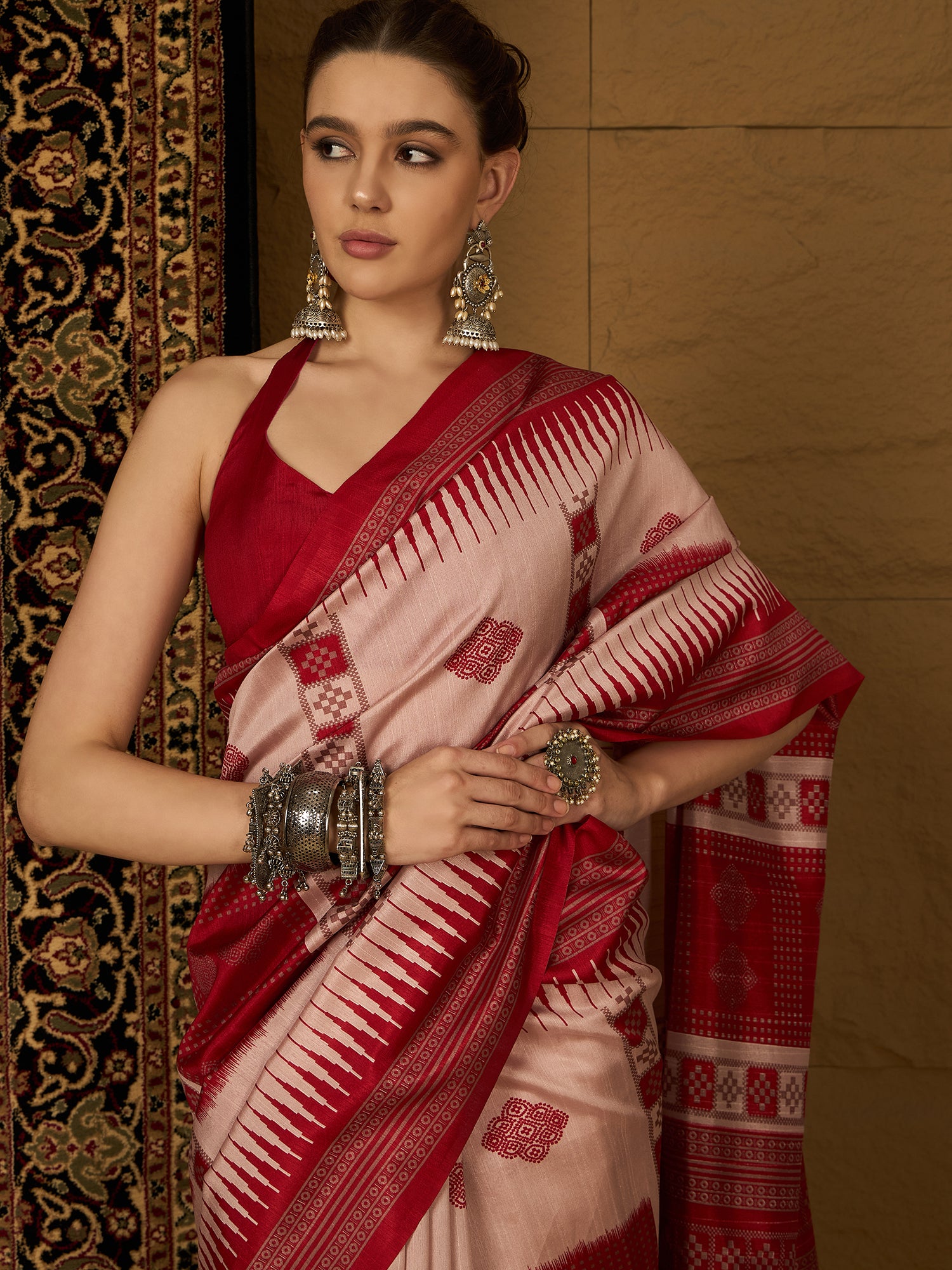 Womaniya Bhagalpuri Silk Saree – Vibrant Red and White | Festive Delight for Weddings, Celebrations, and Special Occasions
