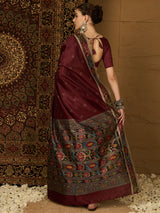 Womaniya Bhagalpuri Silk Saree – Understated Maroon Beauty with Beige Charm | Perfect for Weddings and Festive Occasions