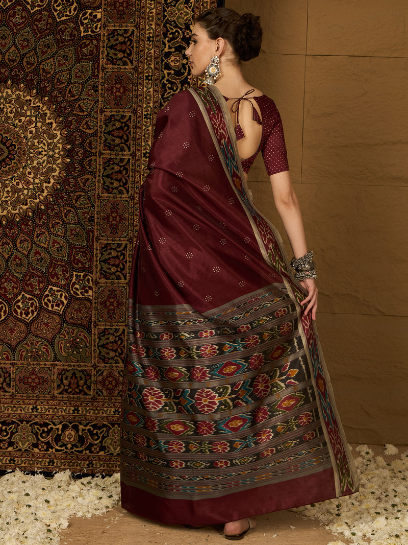 Womaniya Bhagalpuri Silk Saree – Understated Maroon Beauty with Beige Charm | Perfect for Weddings and Festive Occasions