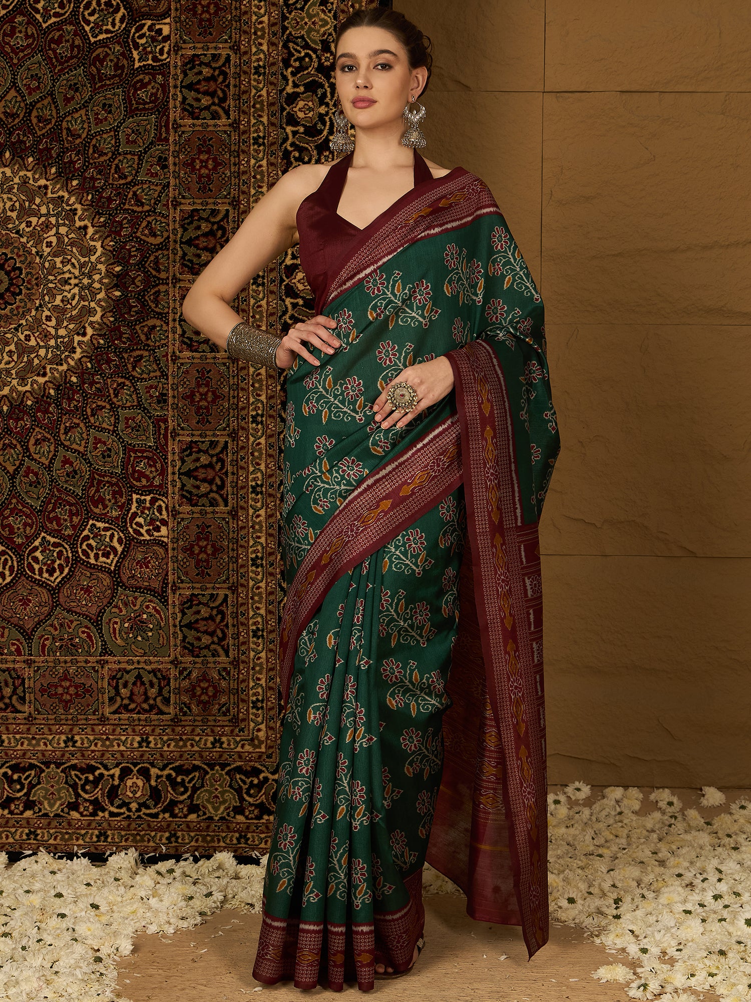 Womaniya Bhagalpuri Silk Saree – Deep Green and Maroon | Royal Sophistication for Weddings, Festivals, and Celebrations