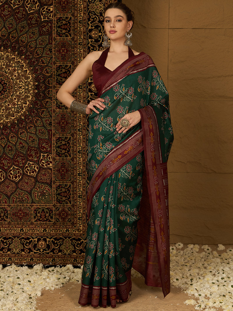 Womaniya Bhagalpuri Silk Saree – Deep Green and Maroon | Royal Sophistication for Weddings, Festivals, and Celebrations
