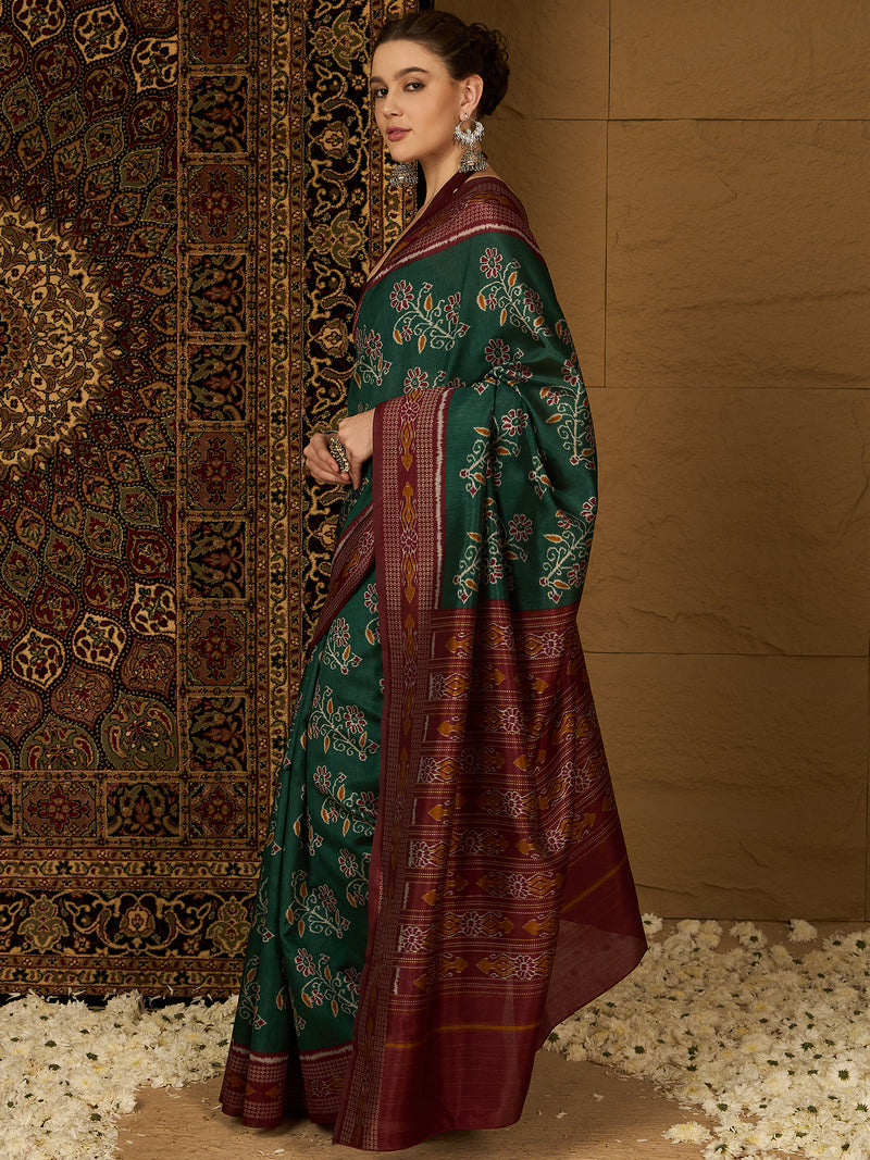Womaniya Bhagalpuri Silk Saree – Deep Green and Maroon | Royal Sophistication for Weddings, Festivals, and Celebrations
