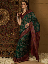 Womaniya Bhagalpuri Silk Saree – Deep Green and Maroon | Royal Sophistication for Weddings, Festivals, and Celebrations