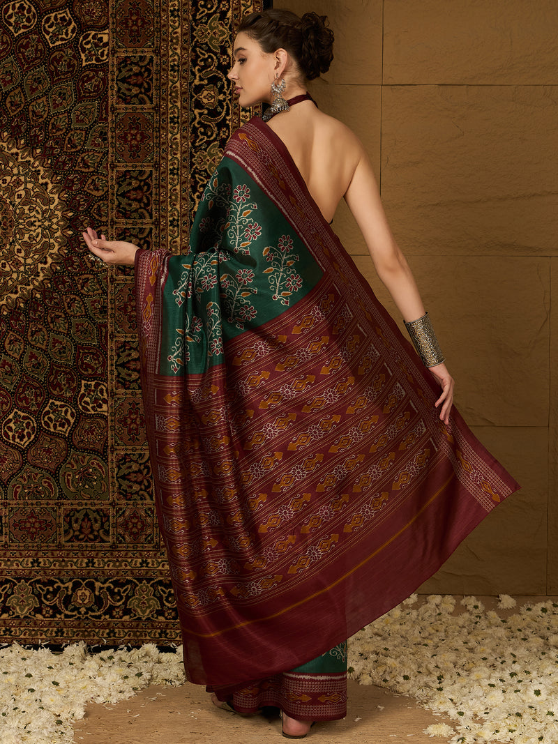Womaniya Bhagalpuri Silk Saree – Deep Green and Maroon | Royal Sophistication for Weddings, Festivals, and Celebrations