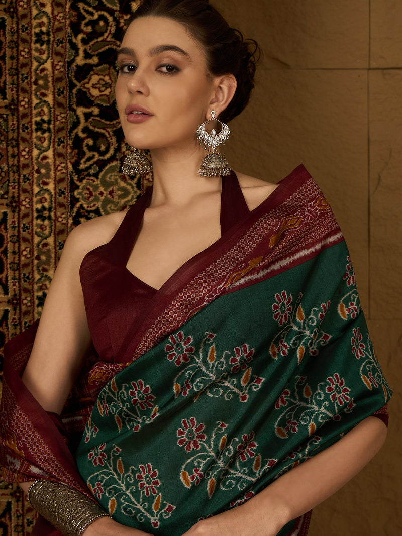 Womaniya Bhagalpuri Silk Saree – Deep Green and Maroon | Royal Sophistication for Weddings, Festivals, and Celebrations