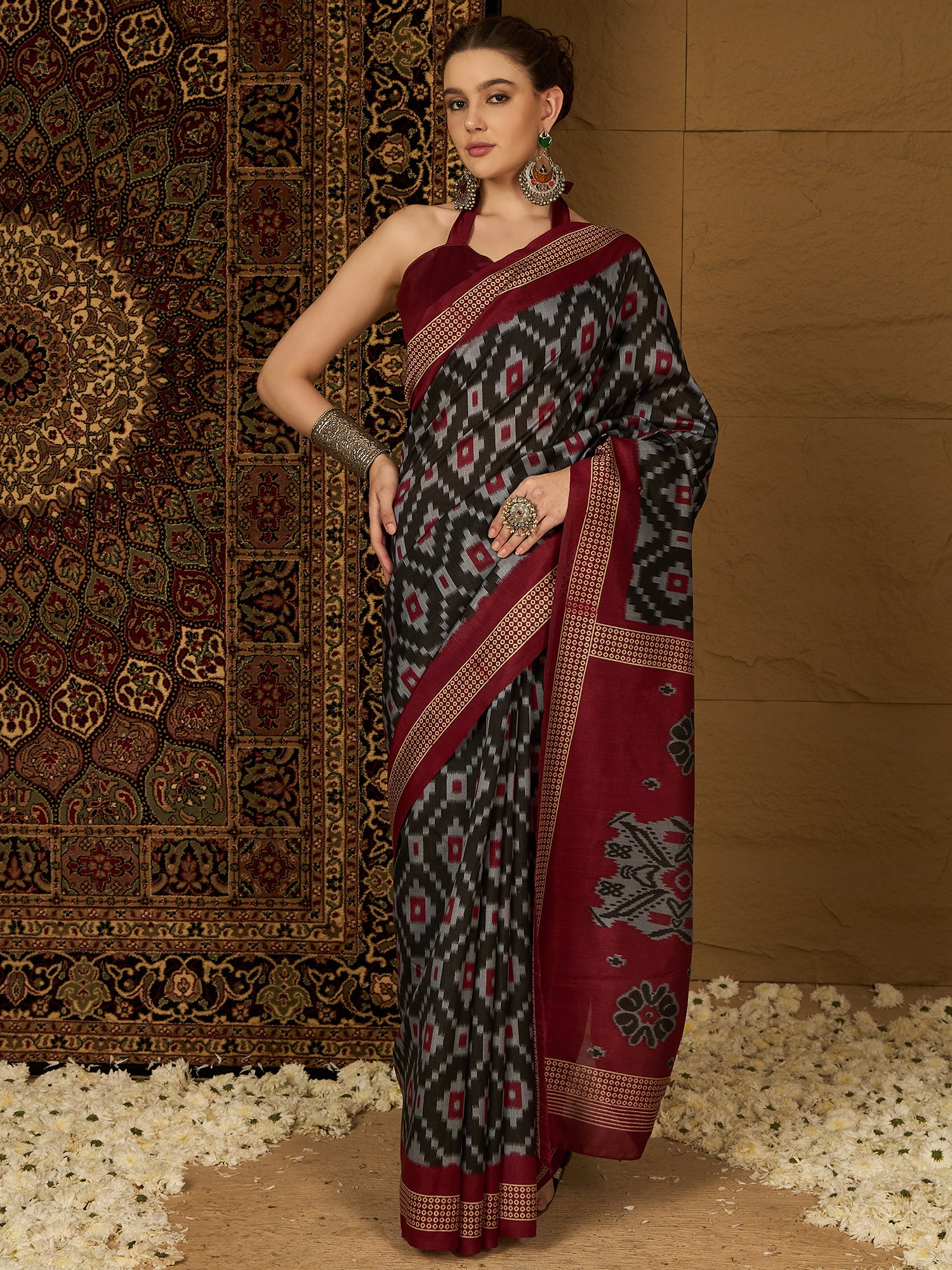 Womaniya Bhagalpuri Silk Saree – Black and Red Florals | Bold, Daring, and Unforgettable Design for Weddings and Festivals