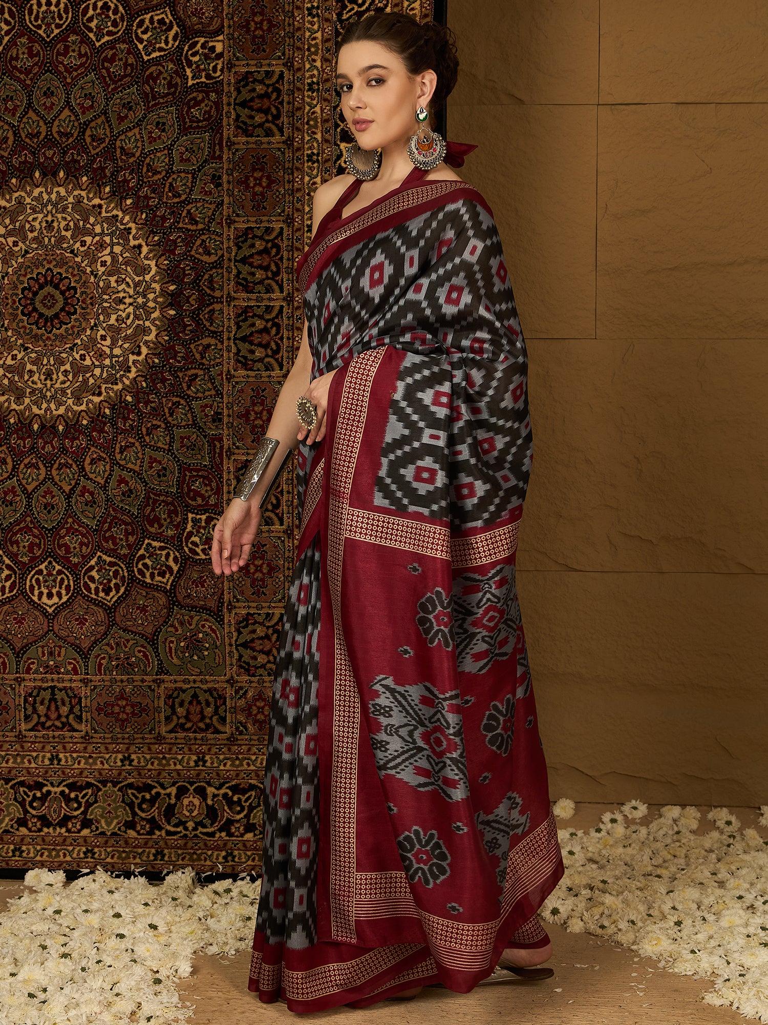 Womaniya Bhagalpuri Silk Saree – Black and Red Florals | Bold, Daring, and Unforgettable Design for Weddings and Festivals
