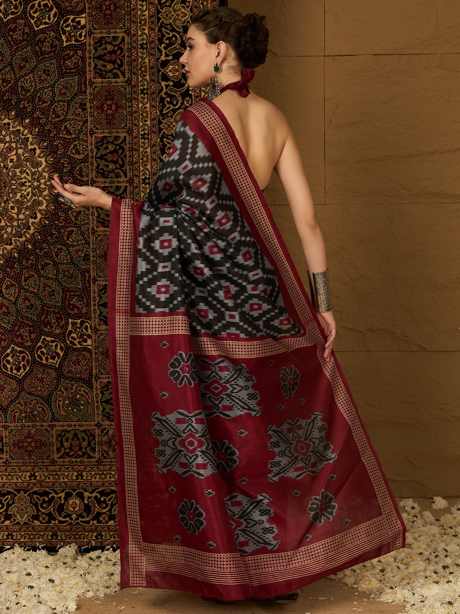 Womaniya Bhagalpuri Silk Saree – Black and Red Florals | Bold, Daring, and Unforgettable Design for Weddings and Festivals