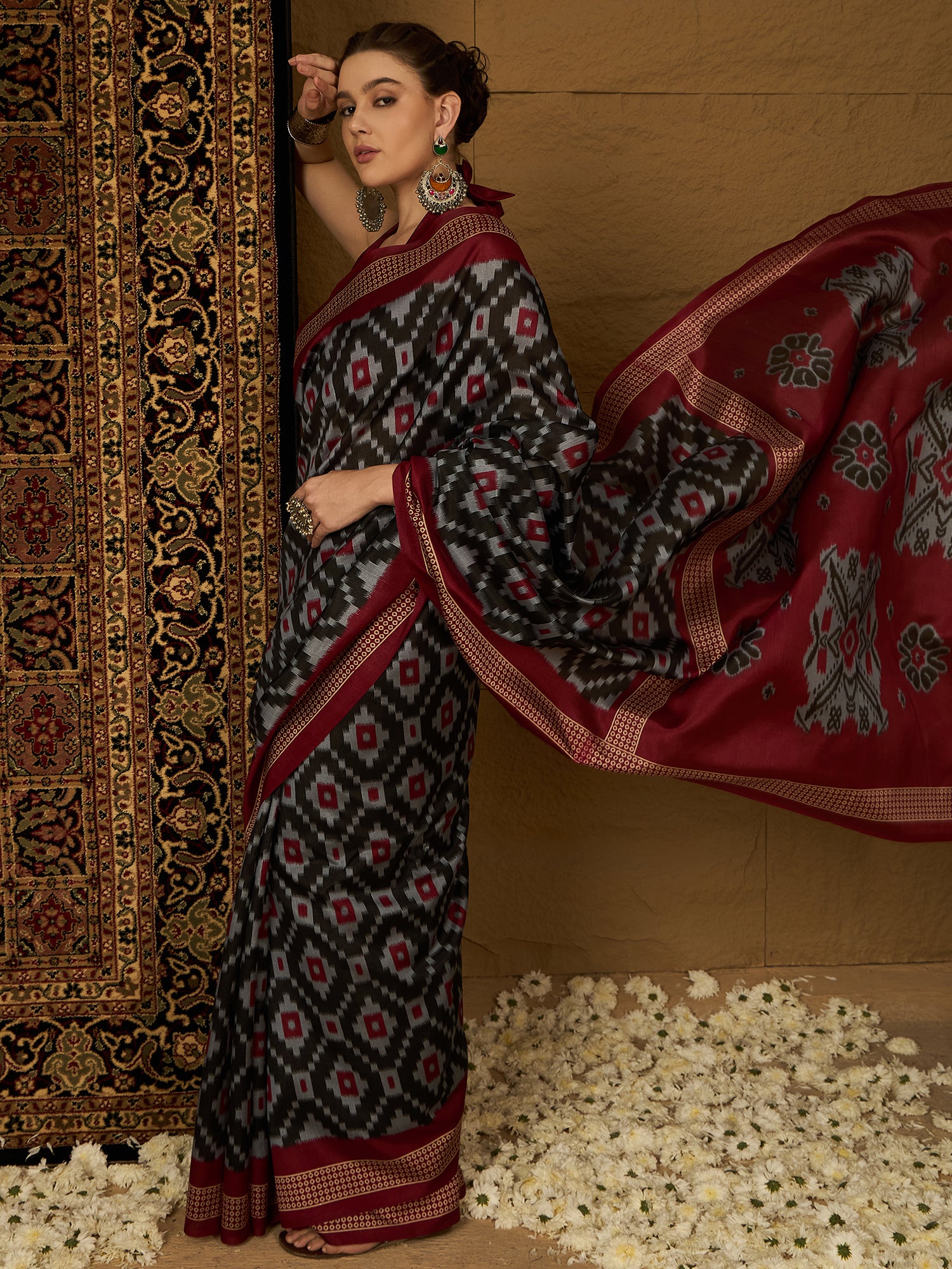Womaniya Bhagalpuri Silk Saree – Black and Red Florals | Bold, Daring, and Unforgettable Design for Weddings and Festivals
