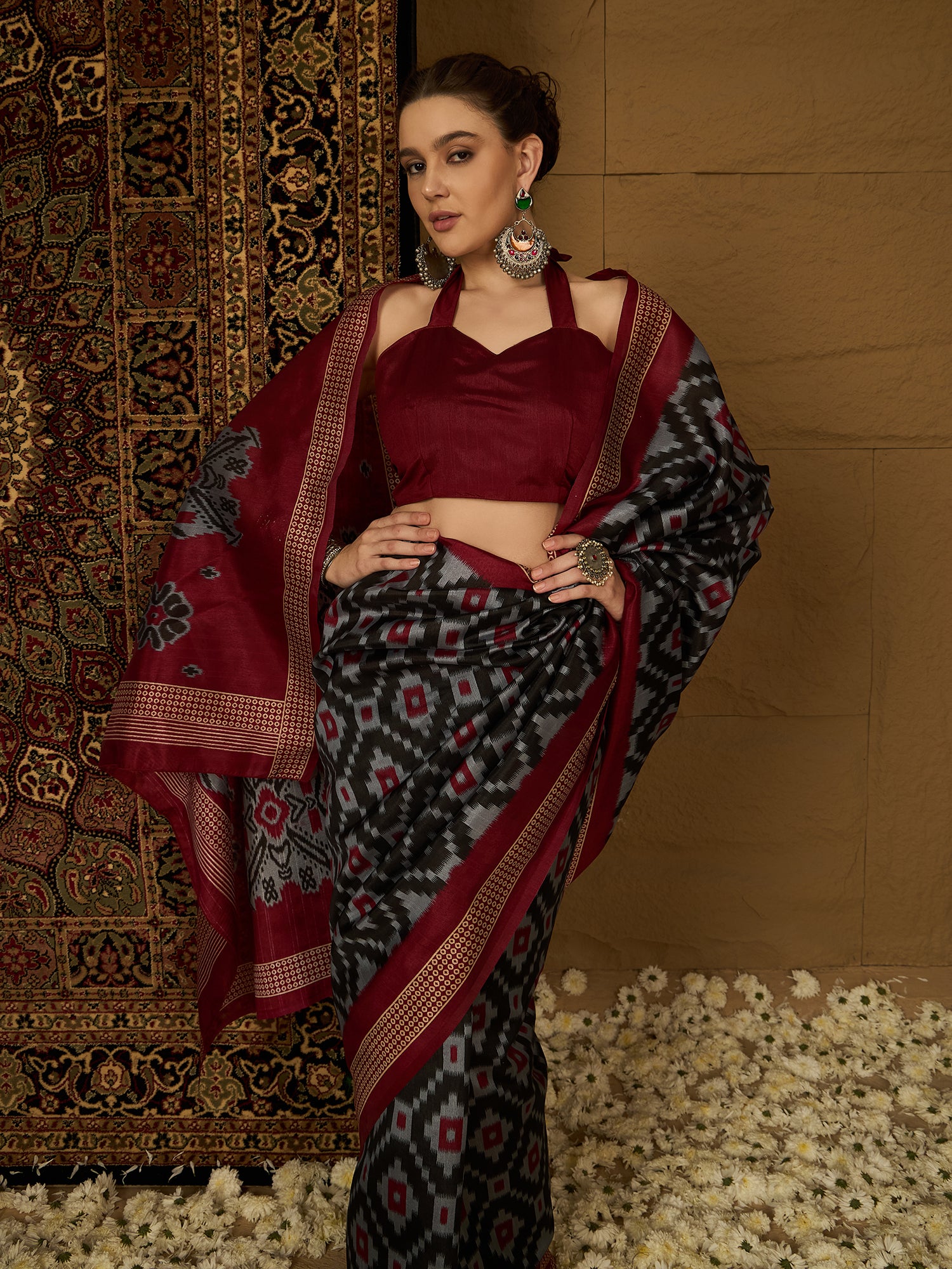 Womaniya Bhagalpuri Silk Saree – Black and Red Florals | Bold, Daring, and Unforgettable Design for Weddings and Festivals
