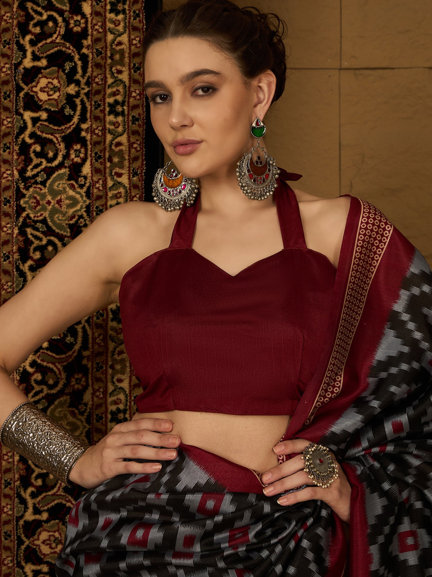 Womaniya Bhagalpuri Silk Saree – Black and Red Florals | Bold, Daring, and Unforgettable Design for Weddings and Festivals