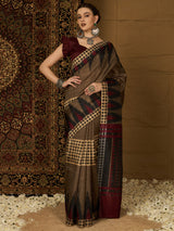 Womaniya Bhagalpuri Silk Saree – Rustic Brown with Maroon Grace | Crafted for Festive Moods and Special Occasions