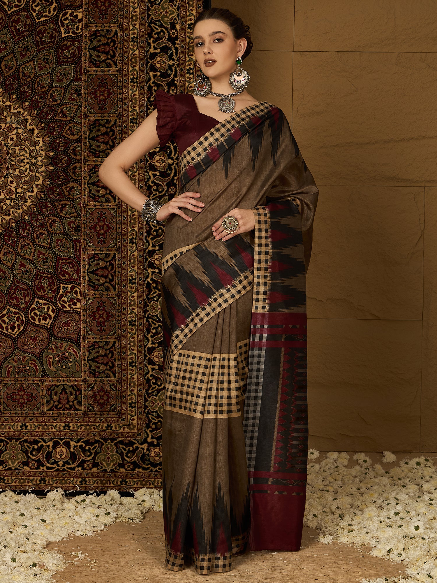 Womaniya Bhagalpuri Silk Saree – Rustic Brown with Maroon Grace | Crafted for Festive Moods and Special Occasions