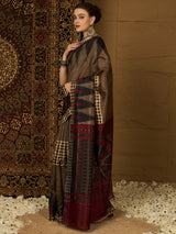 Womaniya Bhagalpuri Silk Saree – Rustic Brown with Maroon Grace | Crafted for Festive Moods and Special Occasions