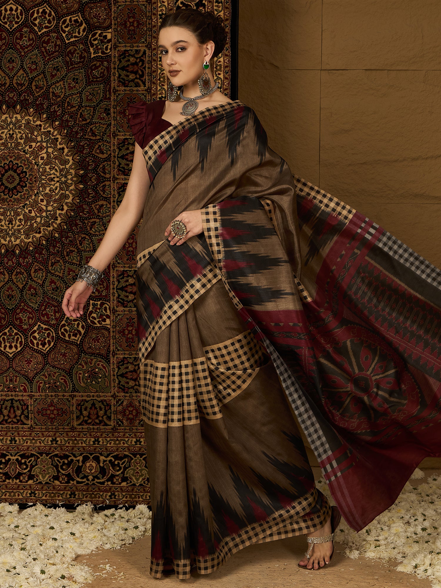 Womaniya Bhagalpuri Silk Saree – Rustic Brown with Maroon Grace | Crafted for Festive Moods and Special Occasions