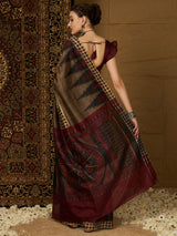 Womaniya Bhagalpuri Silk Saree – Rustic Brown with Maroon Grace | Crafted for Festive Moods and Special Occasions