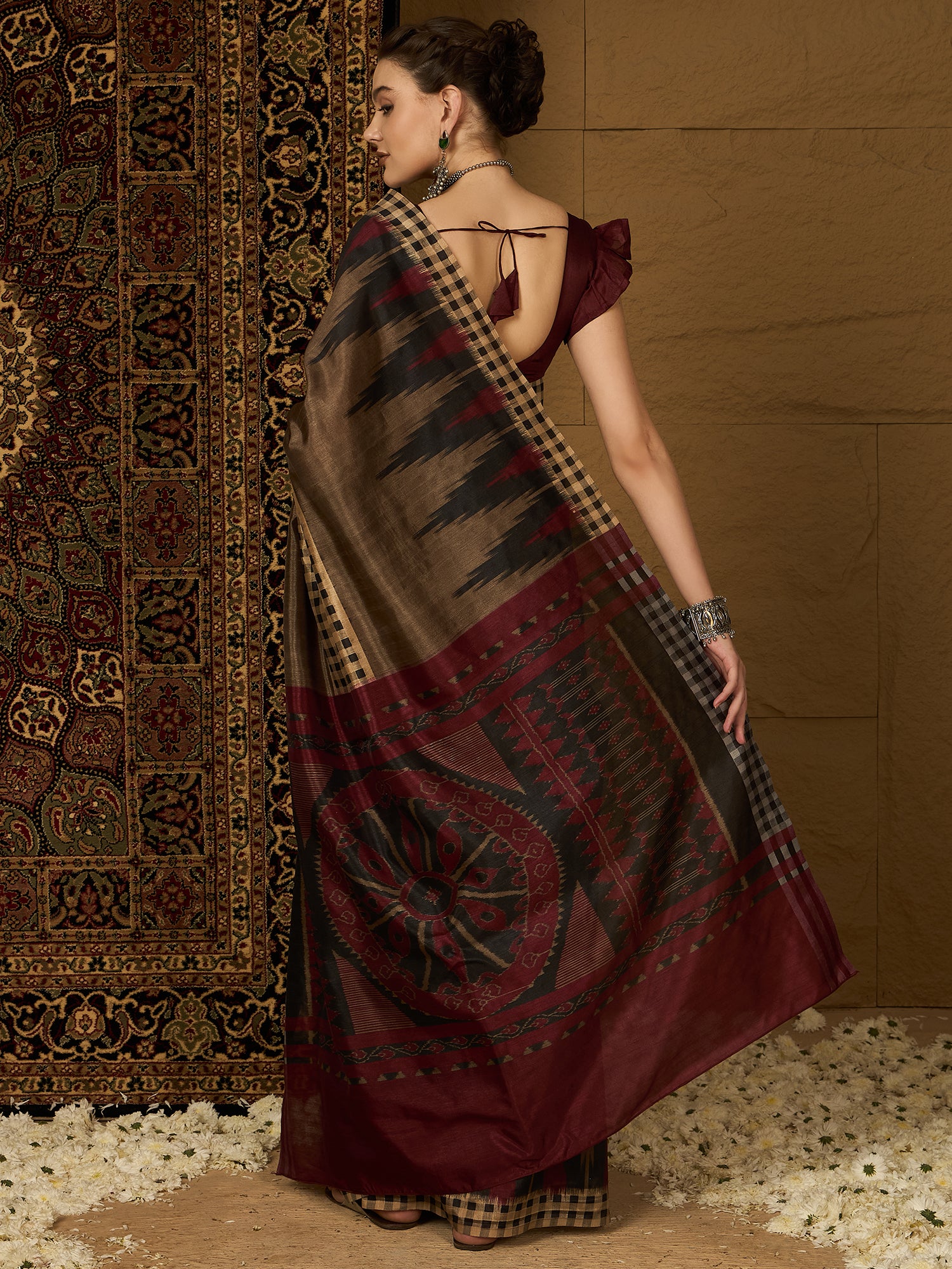 Womaniya Bhagalpuri Silk Saree – Rustic Brown with Maroon Grace | Crafted for Festive Moods and Special Occasions