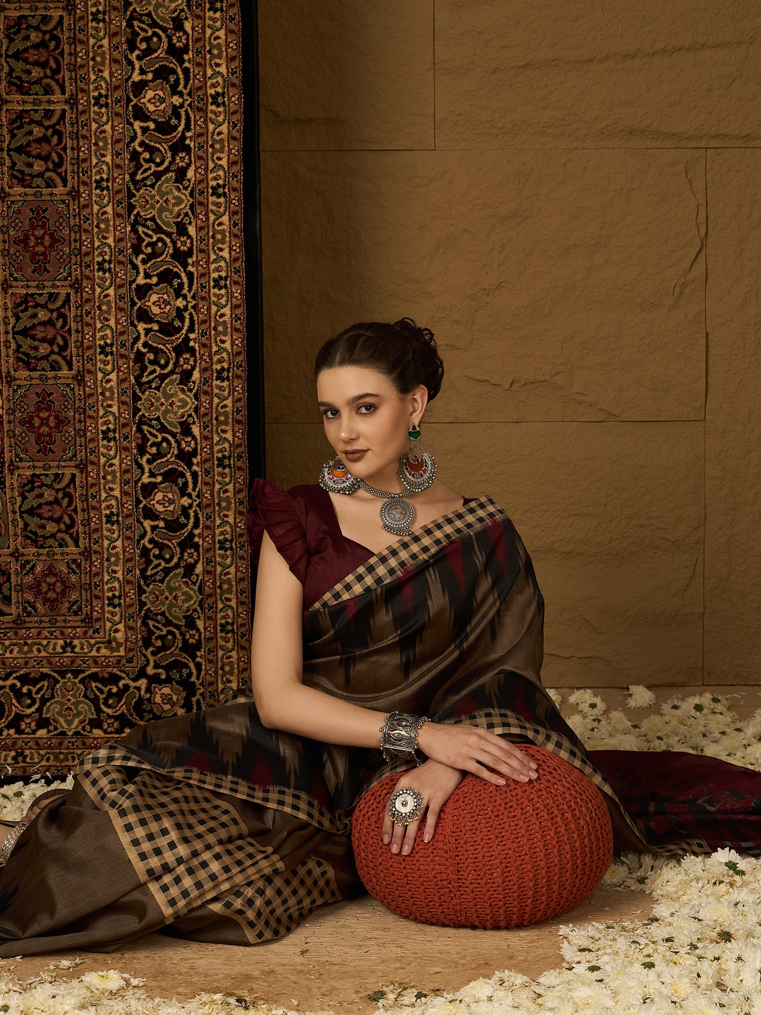 Womaniya Bhagalpuri Silk Saree – Rustic Brown with Maroon Grace | Crafted for Festive Moods and Special Occasions