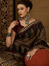 Womaniya Bhagalpuri Silk Saree – Rustic Brown with Maroon Grace | Crafted for Festive Moods and Special Occasions