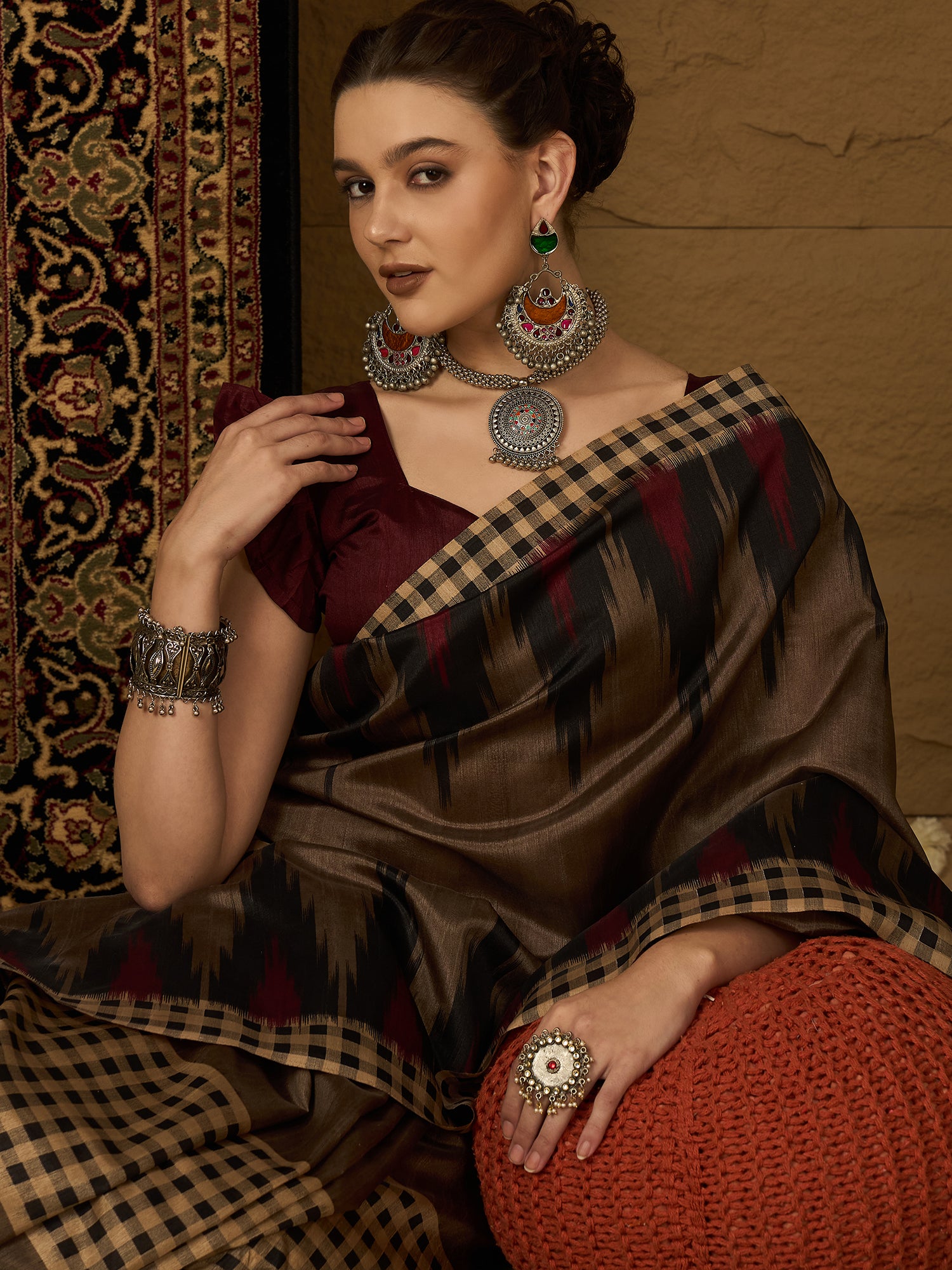 Womaniya Bhagalpuri Silk Saree – Rustic Brown with Maroon Grace | Crafted for Festive Moods and Special Occasions