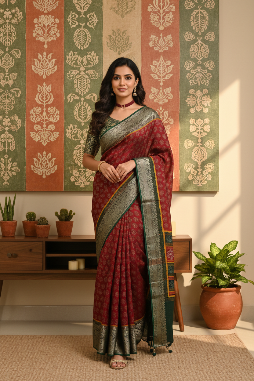 ADHIRA-Elegant Maroon Banarasi Silk Saree with Antique Silver Zari Border & Traditional Buti Weaving – Designer Festive Wear Ethnic Saree for Women with Rich Pallu and Green Contrast Accents