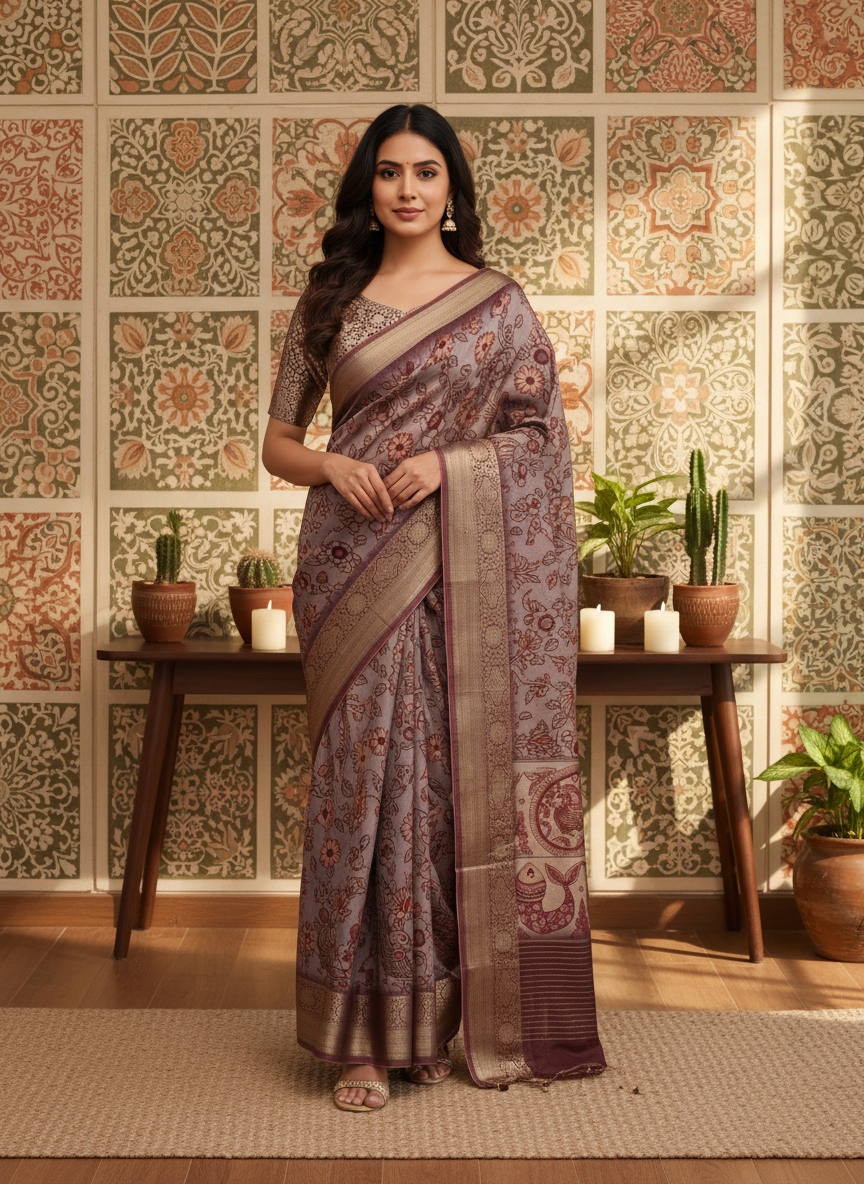 ADHIRA-Elegant Mauve Lavender Floral Printed Silk Saree with Antique Gold Zari Border & Traditional Paisley Woven Pallu – Designer Festive Wear Ethnic Saree for Women with Intricate Artistic Motifs and Rich Weaving Details