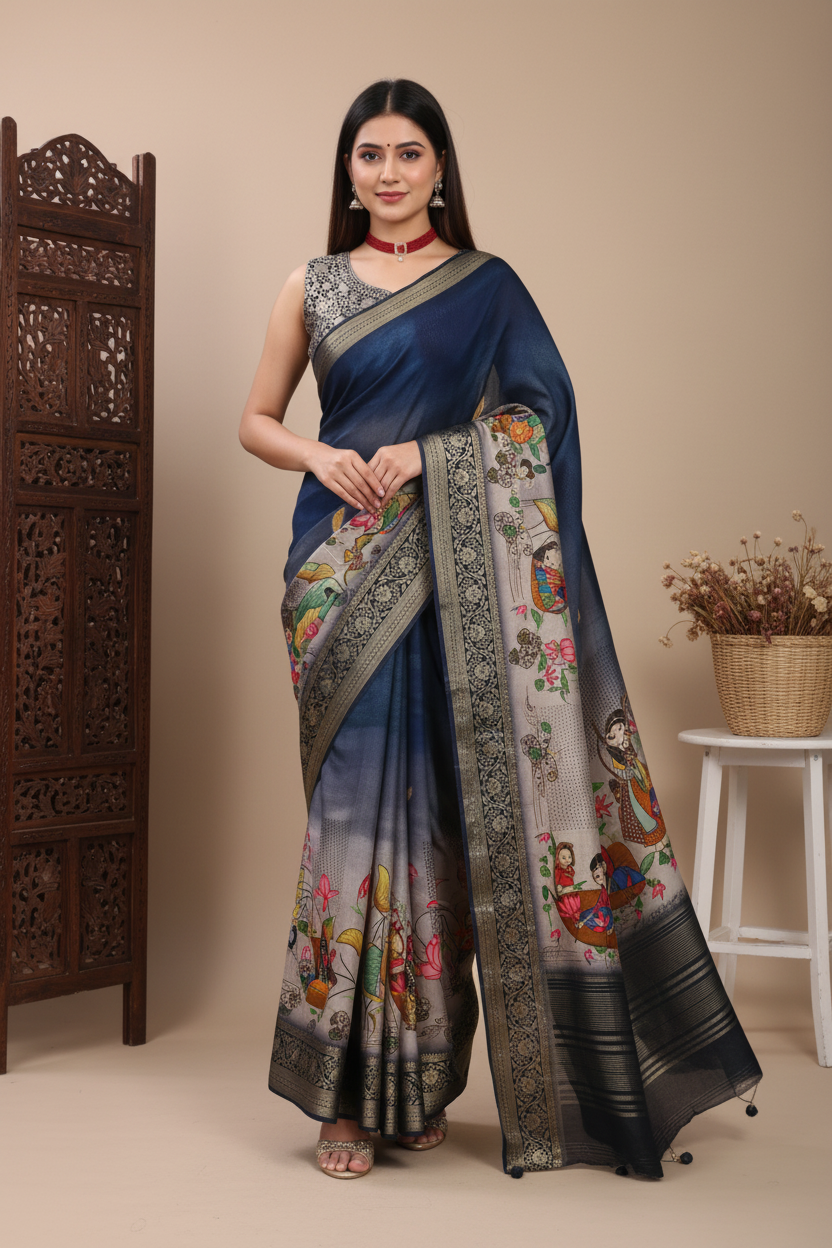 ADHIRA-Elegant Navy Blue Artistic Printed Silk Saree with Rich Black & Silver Zari Border – Designer Festive Wear Ethnic Saree for Women with Traditional Folk Motifs and Intricate Woven Pallu Detailing