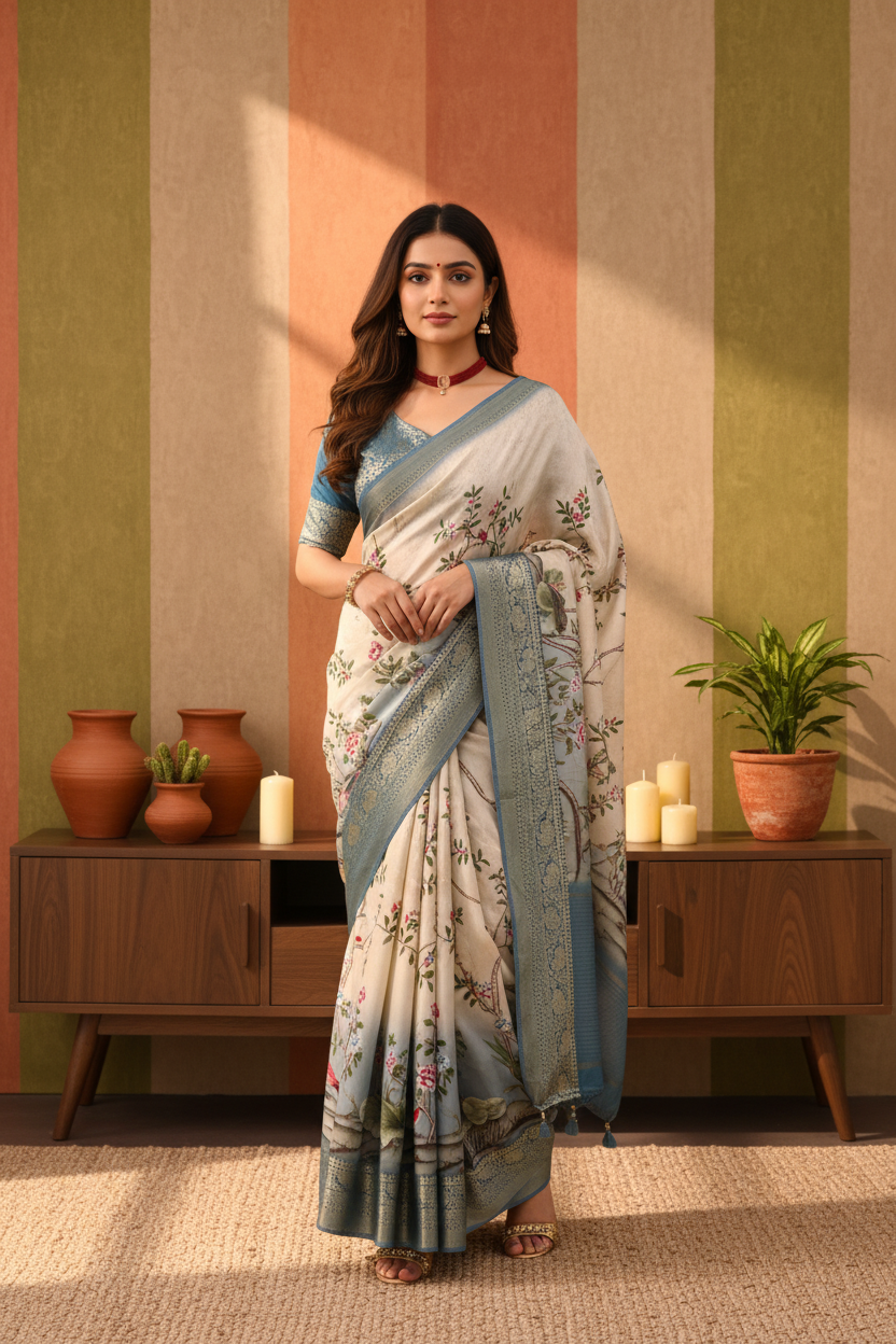 ADHIRA-Elegant Ivory White Floral Printed Silk Saree with Sky Blue Zari Border & Nature-Inspired Botanical Design – Designer Festive Wear Ethnic Saree for Women with Intricate Woven Pallu and Tassel Detailing