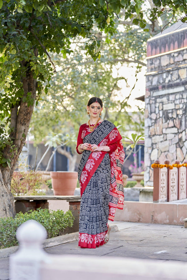 WOMANIYA Women's Ikat Hand Block Bengoli Print Cotton silk Saree - Apple Lifestyle