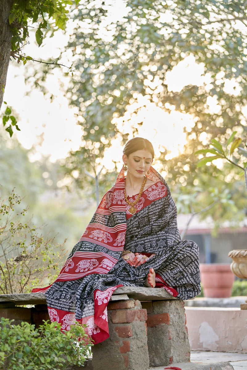 WOMANIYA Women's Ikat Hand Block Bengoli Print Cotton silk Saree - Apple Lifestyle