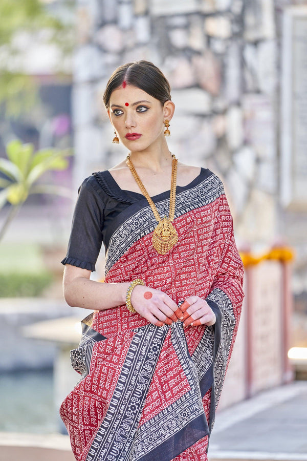 WOMANIYA Women's Ikat Hand Block bengoli Print Cotton silk Saree - Apple Lifestyle