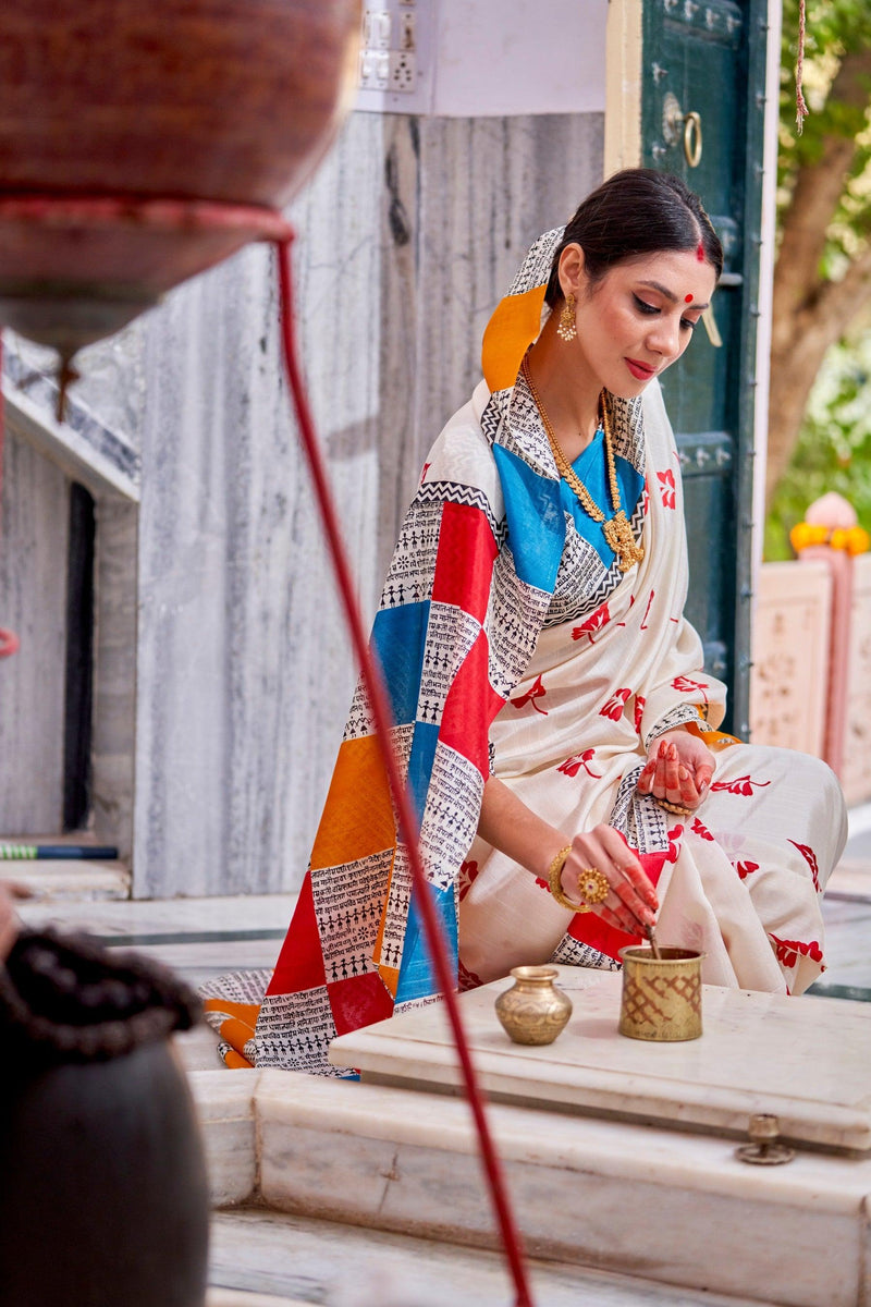 WOMANIYA ETHNIC POOJA SPECIAL COTTON FLOWER BORDER WHITE-RED SAREE - Apple Lifestyle