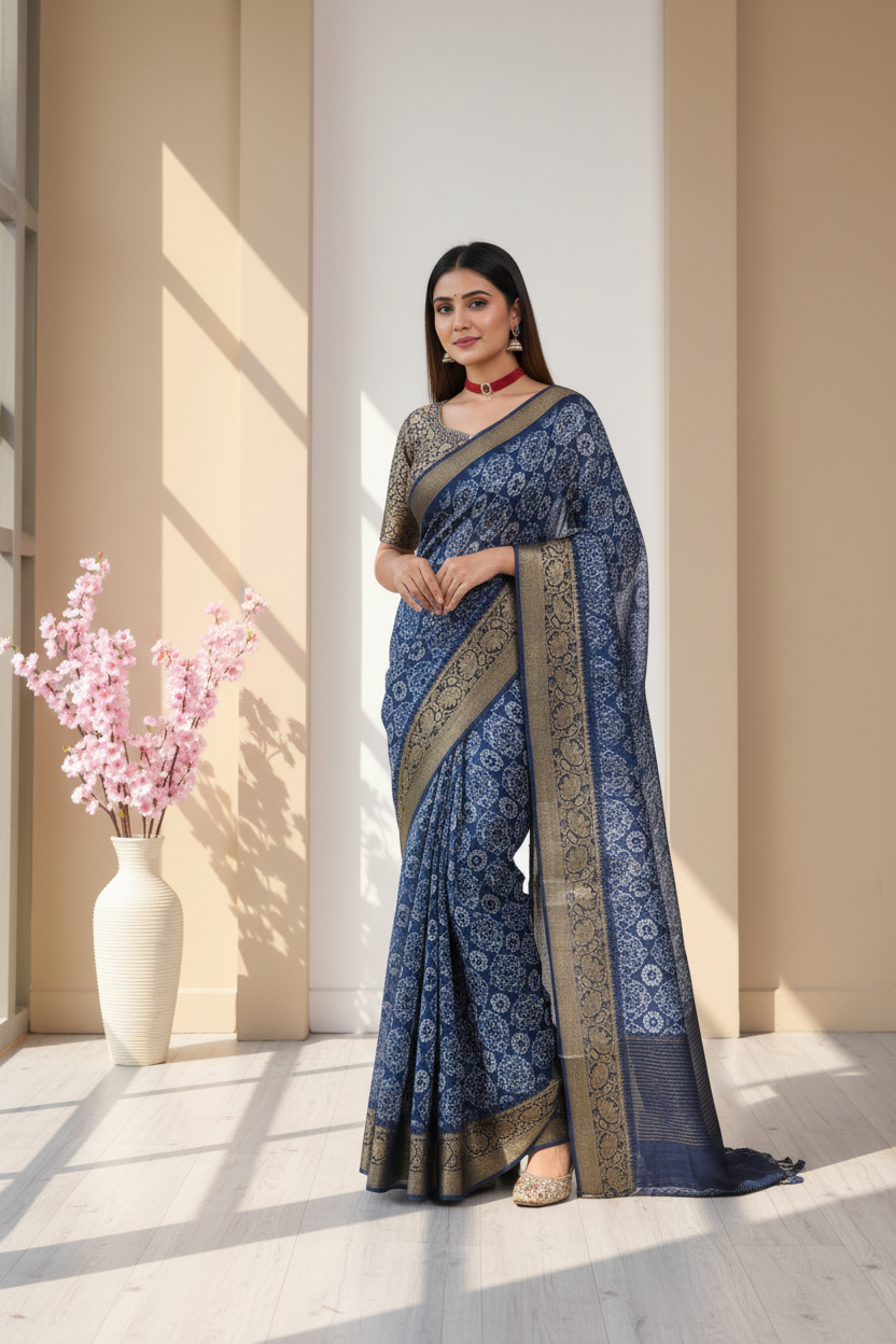 ADHIRA-Elegant Navy Blue Printed Silk Saree with Antique Gold Zari Border & Intricate Ethnic Motifs – Designer Traditional Festive Wear Saree for Women with Rich Woven Pallu and Classic Heritage Patterns