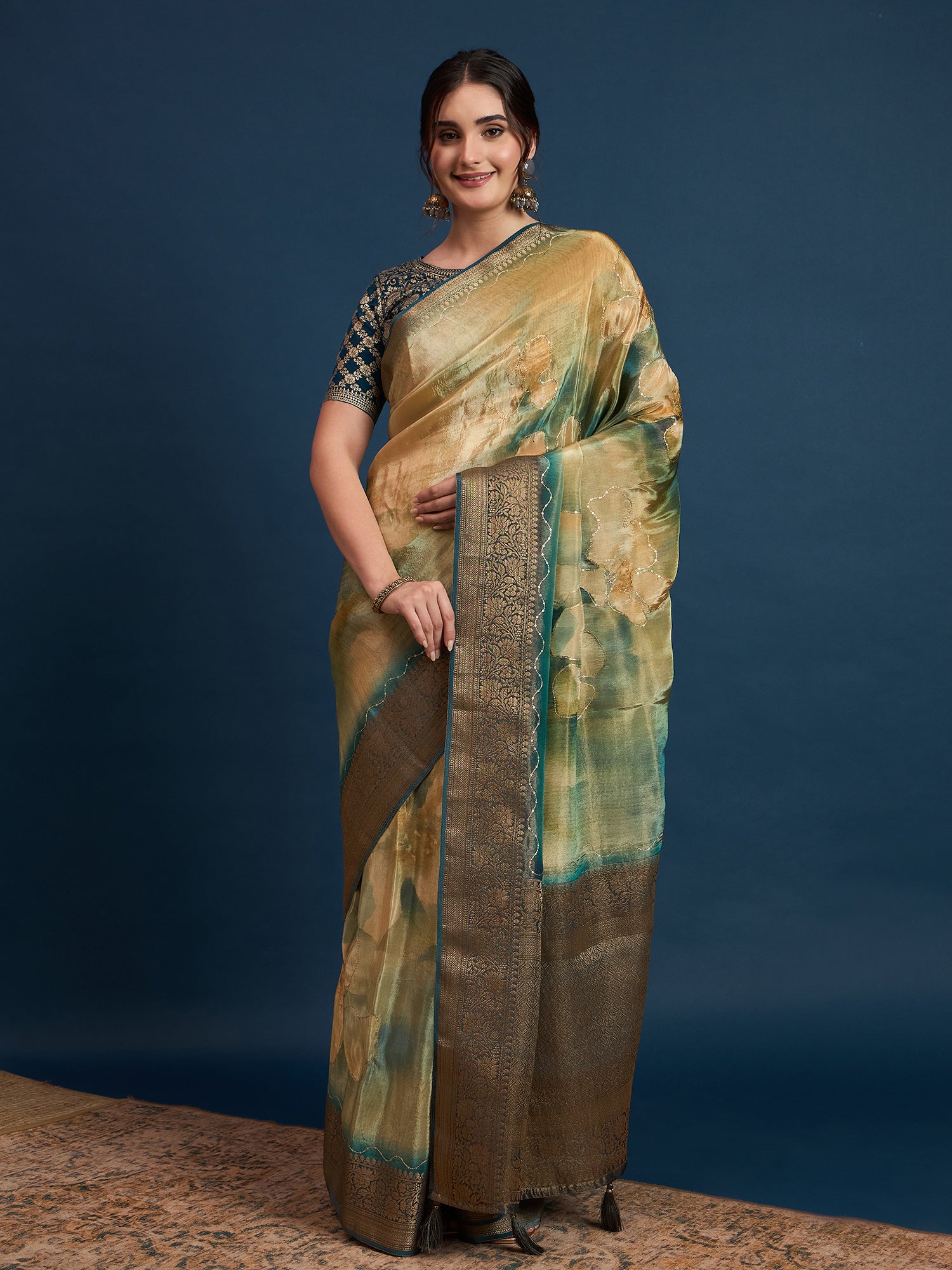 KUSUM KALA-Olive Green & Gold Banarasi Floral Silk Saree