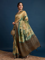 KUSUM KALA-Olive Green & Gold Banarasi Floral Silk Saree