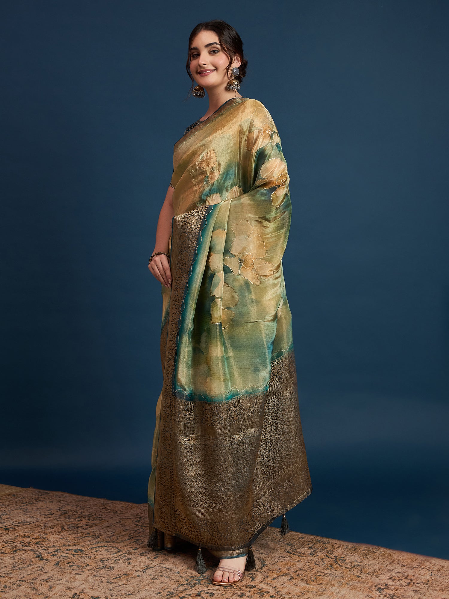 KUSUM KALA-Olive Green & Gold Banarasi Floral Silk Saree