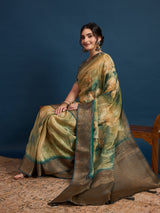 KUSUM KALA-Olive Green & Gold Banarasi Floral Silk Saree