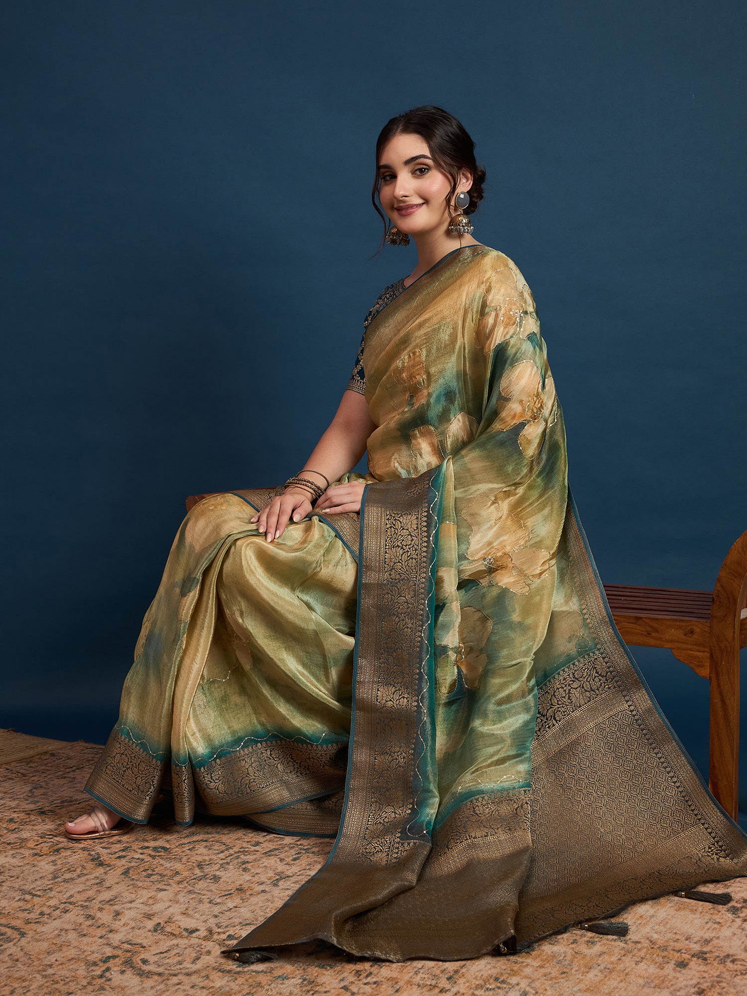KUSUM KALA-Olive Green & Gold Banarasi Floral Silk Saree