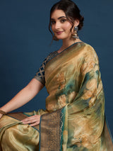 KUSUM KALA-Olive Green & Gold Banarasi Floral Silk Saree