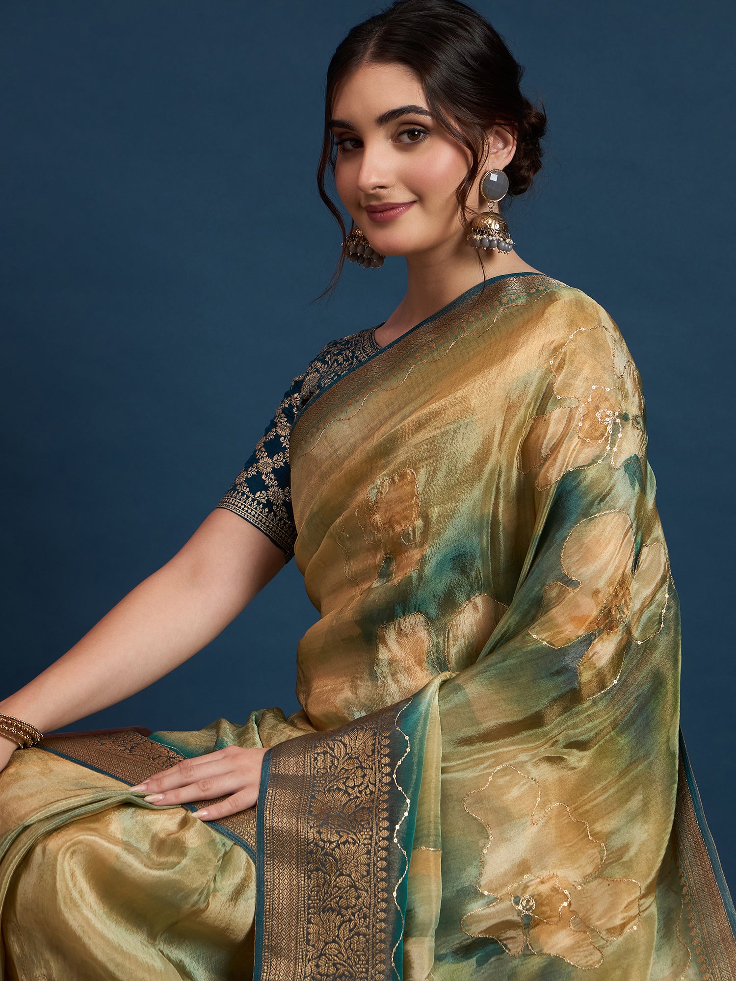 KUSUM KALA-Olive Green & Gold Banarasi Floral Silk Saree
