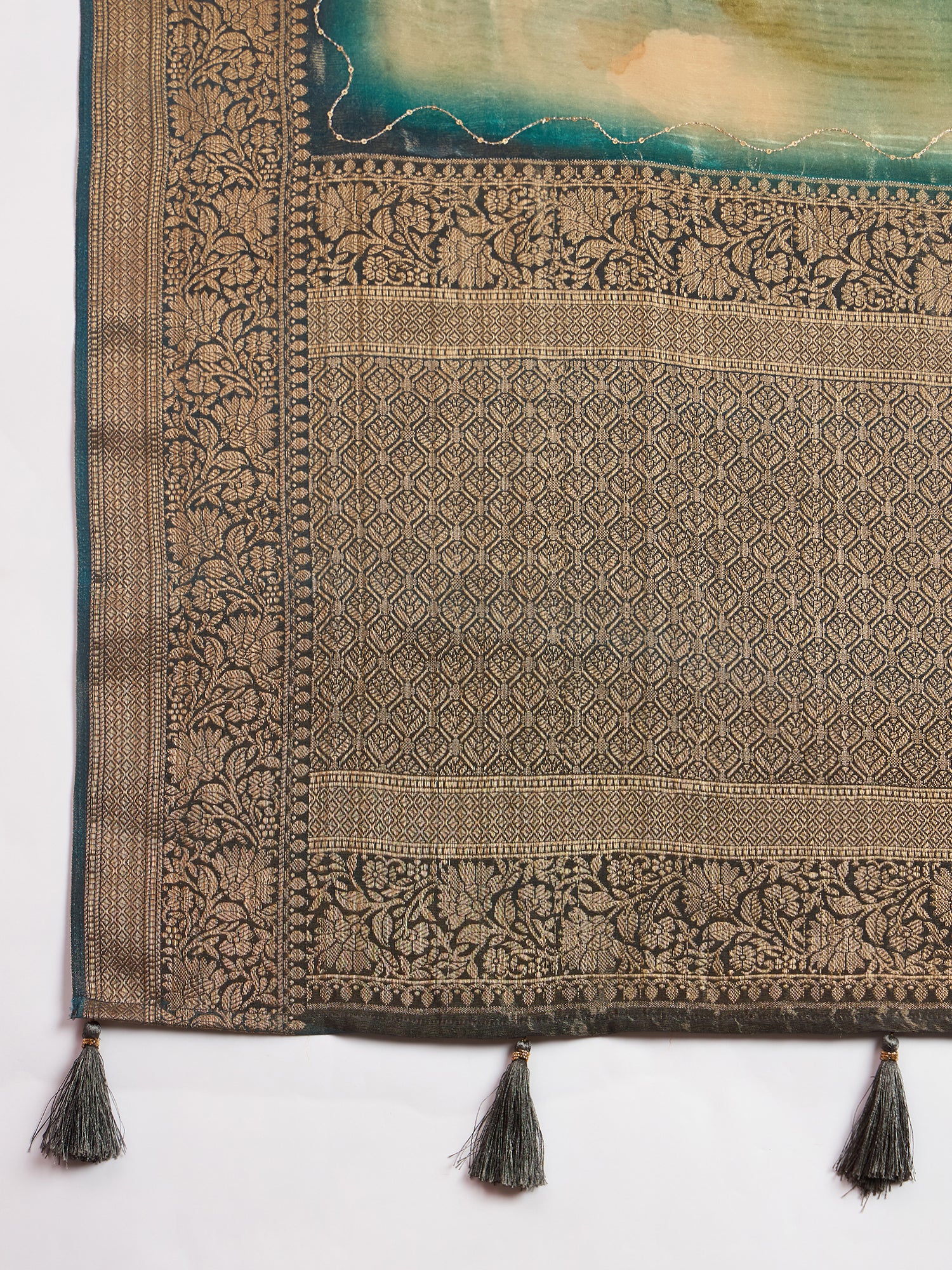 KUSUM KALA-Olive Green & Gold Banarasi Floral Silk Saree
