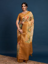 KUSUM KALA-Royal Mustard Gold Floral Banarasi Silk Saree with Elegant Zari Border