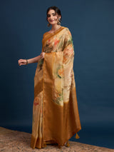 KUSUM KALA-Royal Mustard Gold Floral Banarasi Silk Saree with Elegant Zari Border